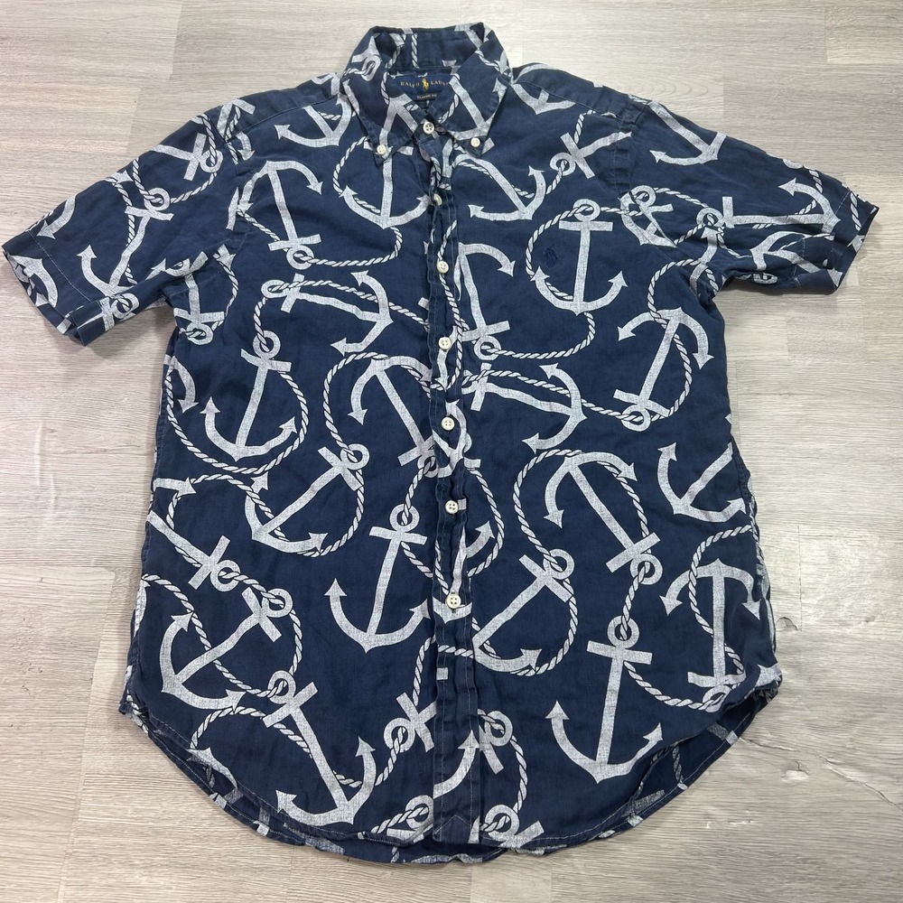Ralph Lauren Shirt Mens Small Blue Anchor Nautical Short Sleeve Linen Button Up